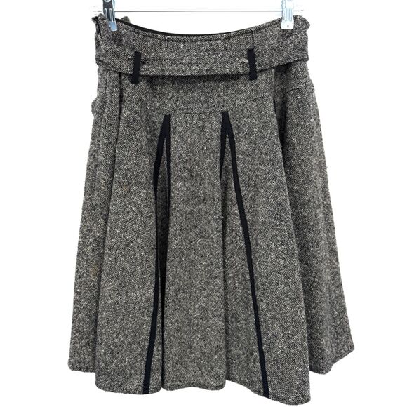 HOBBS Gray Tweed Wool Pleated Dark Academia Fit & Flare Belted Skirt Size 10 - Picture 3 of 6